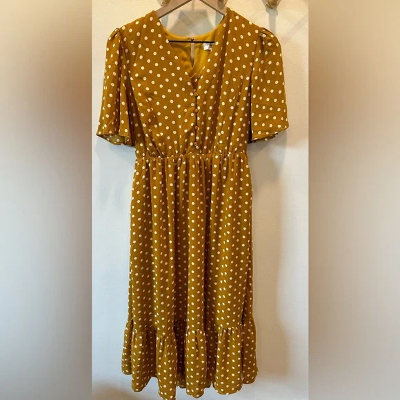 BRAND NEW ~ Mustard & White Polka Dot Maternity Midi Length Dress ~ NWOT - Picture 3 of 11